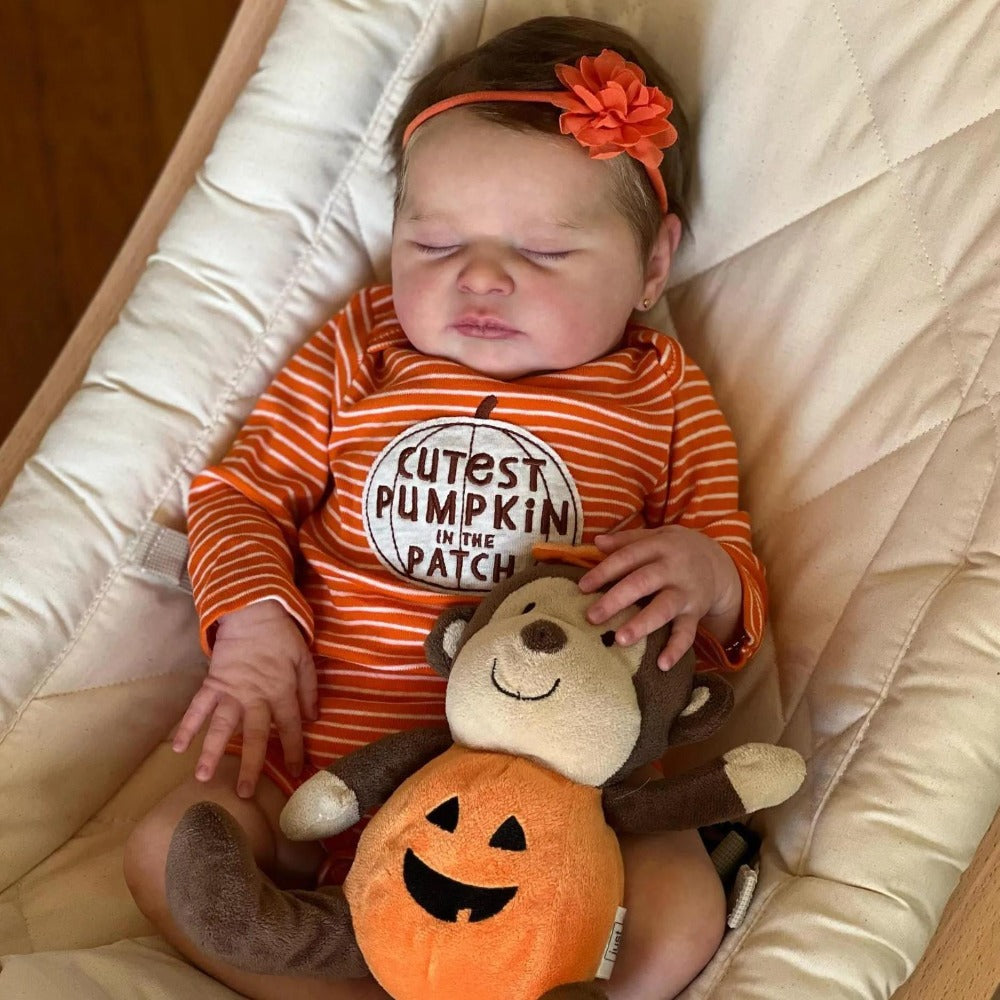 Reborn Baby Doll 20-Inch Sleeping Cloth Body with Rooted Hair, Orange Outfit, Pacifier, Bottle and Accessory Card