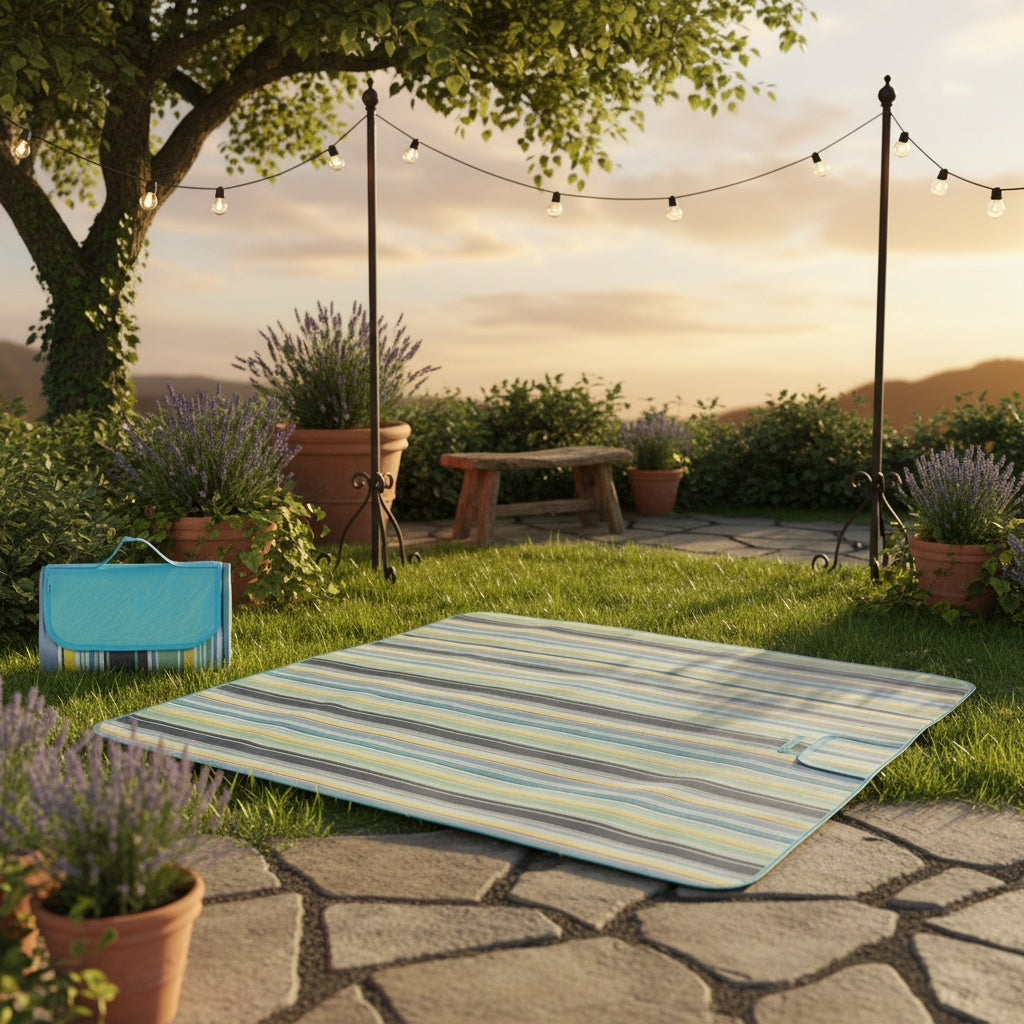 Blue Striped Picnic Blanket with Integrated Carry Flap, Top Handle and 78 x 60-Inch Pictured Size