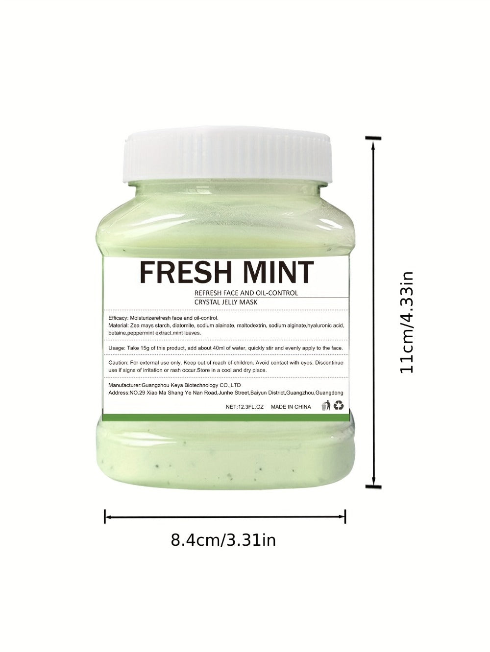 Face Mask, Fresh Mint Crystal Jelly Powder 12.3 fl oz Jar with 15g-to-40ml Mixing Directions for Peel-Off Use