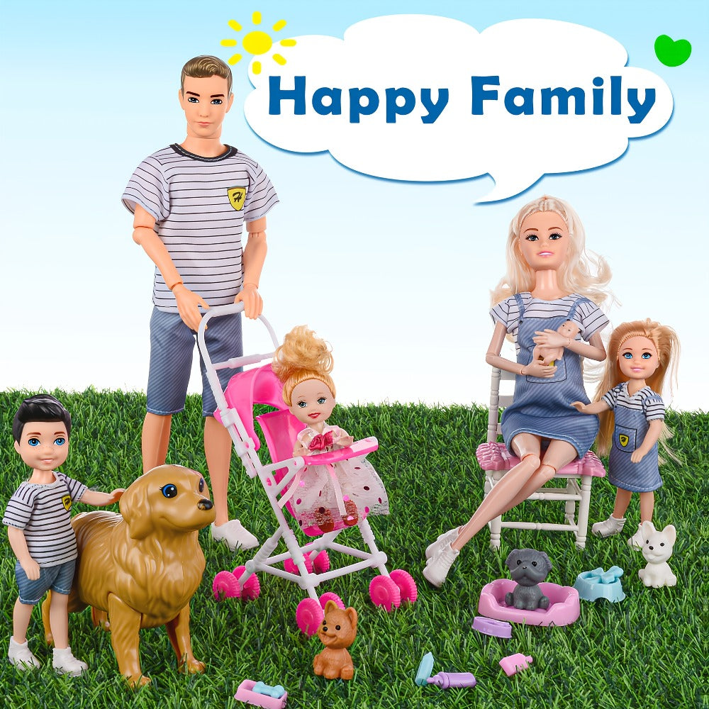 Family Doll Set with Pets & Accessories, 6 Poseable Collectible Dolls with Puppies, Handcart & Changeable Clothes