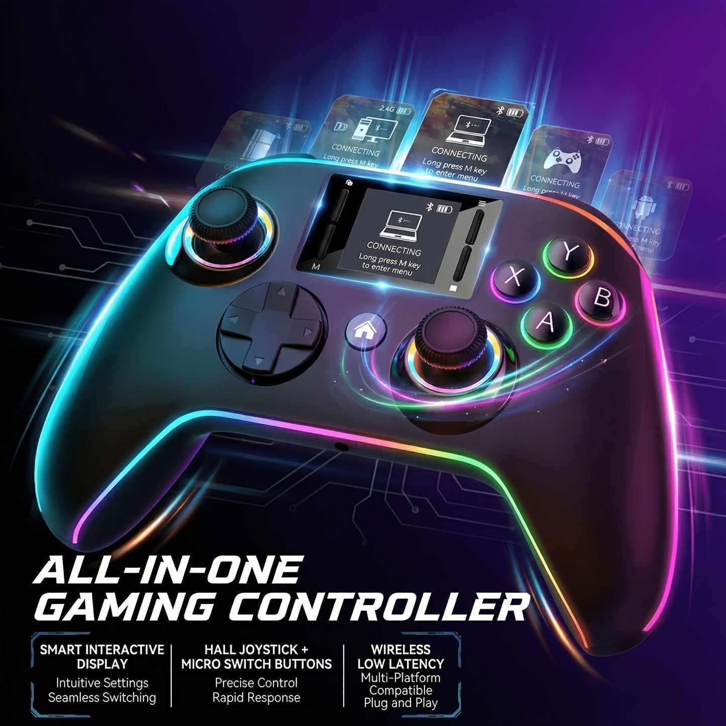 Touchscreen Wireless Gaming Controller in Black with Four Back Buttons and Optional Detachable Phone Bracket