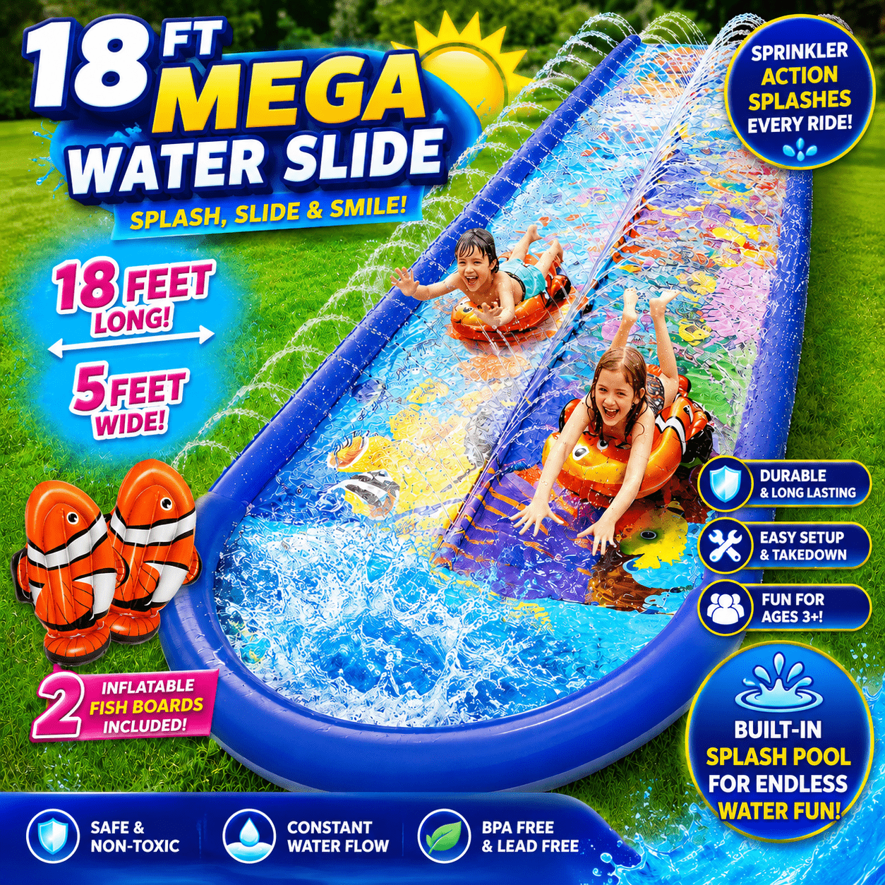 18FT Dual Lane Backyard Water Slide for Kids, Lawn Slip Slide with Built-In Sprinkler, Splash Pad Finish