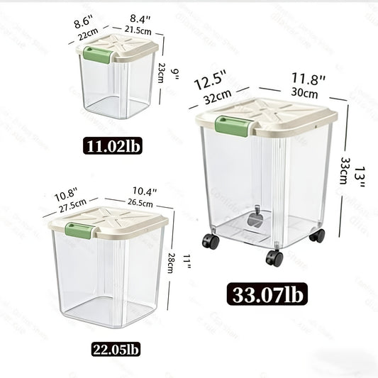 Pet Food Storage Container with Wheels – Lockable Lid Transparent Rolling Bin with Scoop for Dogs Cats & Birds, 11lb / 22lb / 33lb