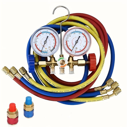 AC Manifold Gauge Set 3-Way with Color-Coded Hoses & Adapters for R134A R22 R12 R404A – HVAC Diagnostics A/C Recharge Leak Detection 0-500