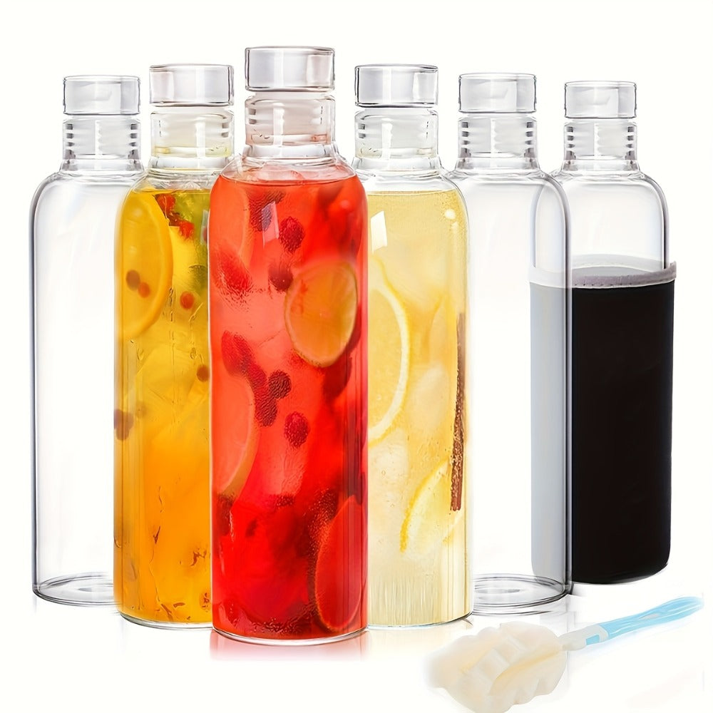 Borosilicate Glass Water Bottle Set of 6 with Lid Sleeve and Cleaning Brush – 18oz Reusable Juice Bottles | Non-Slip Sports Drinking Vessels
