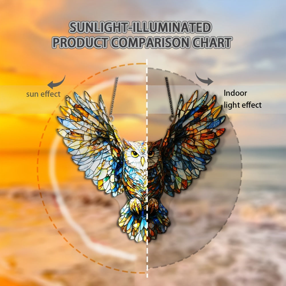 Owl Hanging Ornament Colorful Acrylic 6.7"x8", 2D Flat Animal Wall Art Decoration for Christmas Tree, Home, Office & Outdoor