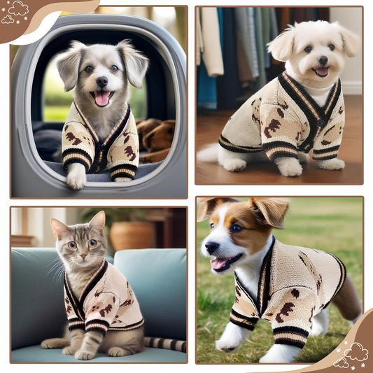 Dog Cardigan Sweater with Button Closure – Allover Bear Print Knitted Pet Clothes for Small Dogs, Soft Fleece-Lined Puppy Shirt