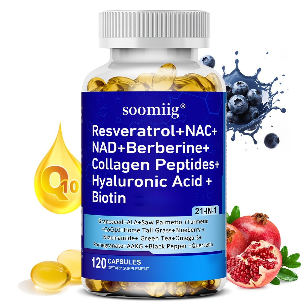 Resveratrol & NAC Supplement 120 Capsules with NAD, Collagen Peptides, Hyaluronic Acid, CoQ10, Quercetin & Omega-3