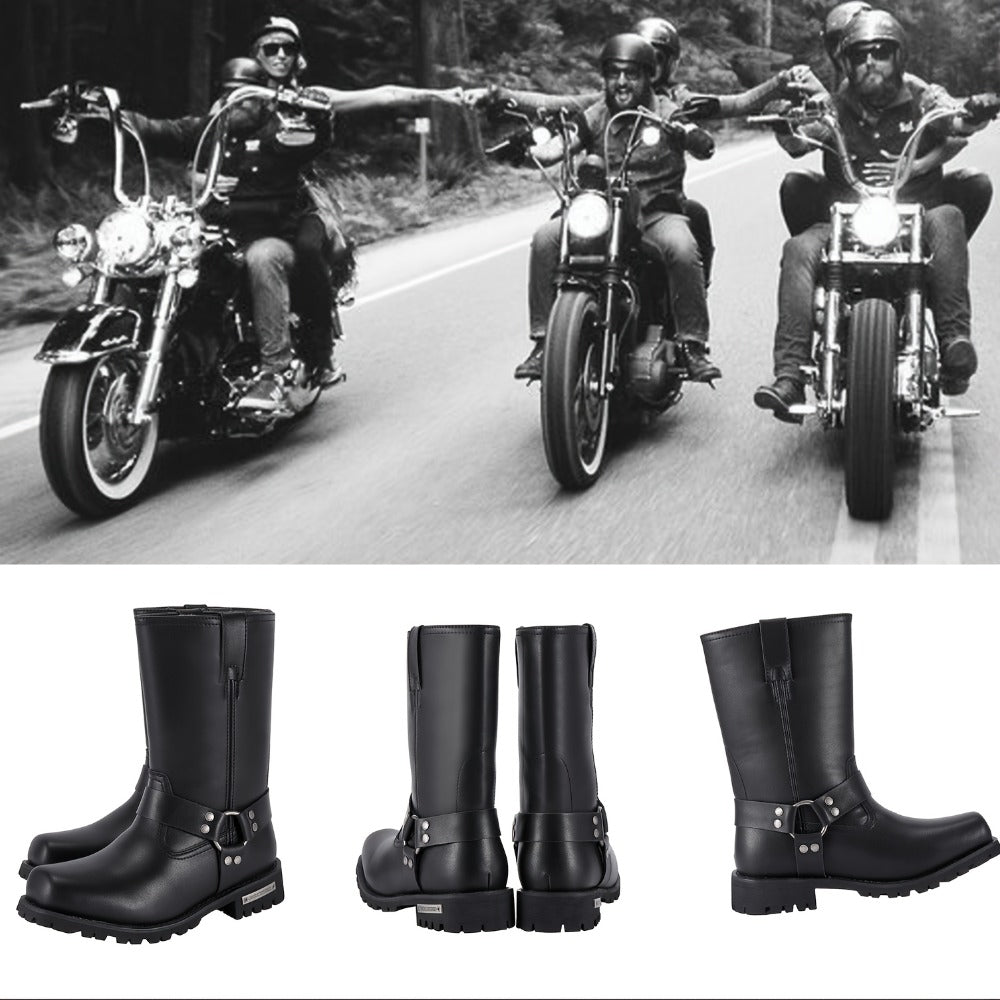 Men's Motorcycle Boots 11" Harness – PU Leather Non-Slip Square Toe Mid-Calf Biker Boots, Abrasion Resistant All-Season Riding Boots