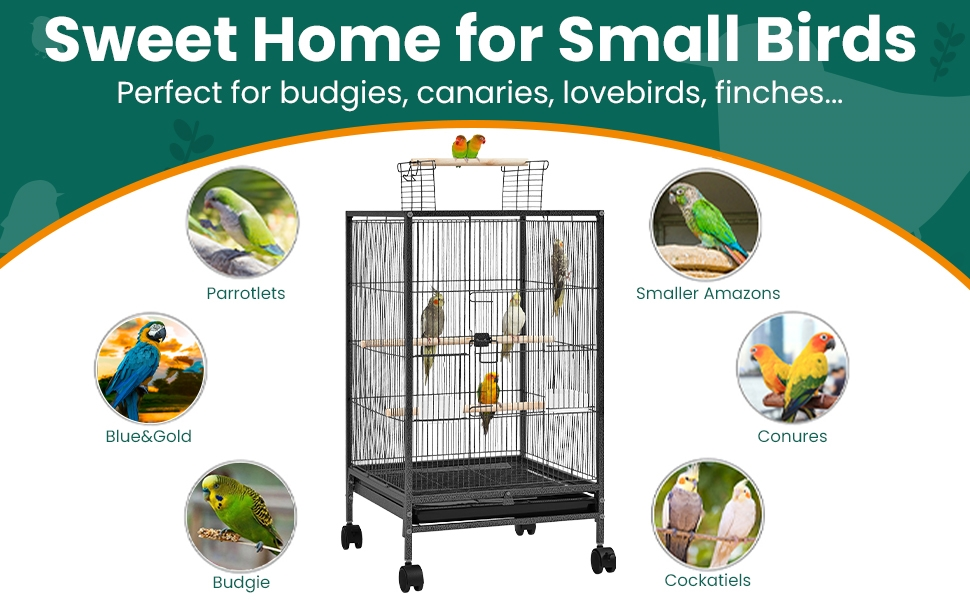 Bird Cage with Rolling Stand Open Top 31 Inch Wrought Iron Black – Slide Out Tray Feeder Doors, for Everyday Bird and Small Animal Care