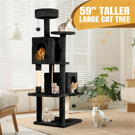 Cat Tree Tower 59 Inch Large Multi-Level Cat Tower for Indoor Cats with Plush Resting Area, Sisal Scratching Post & Hanging Ball Toy