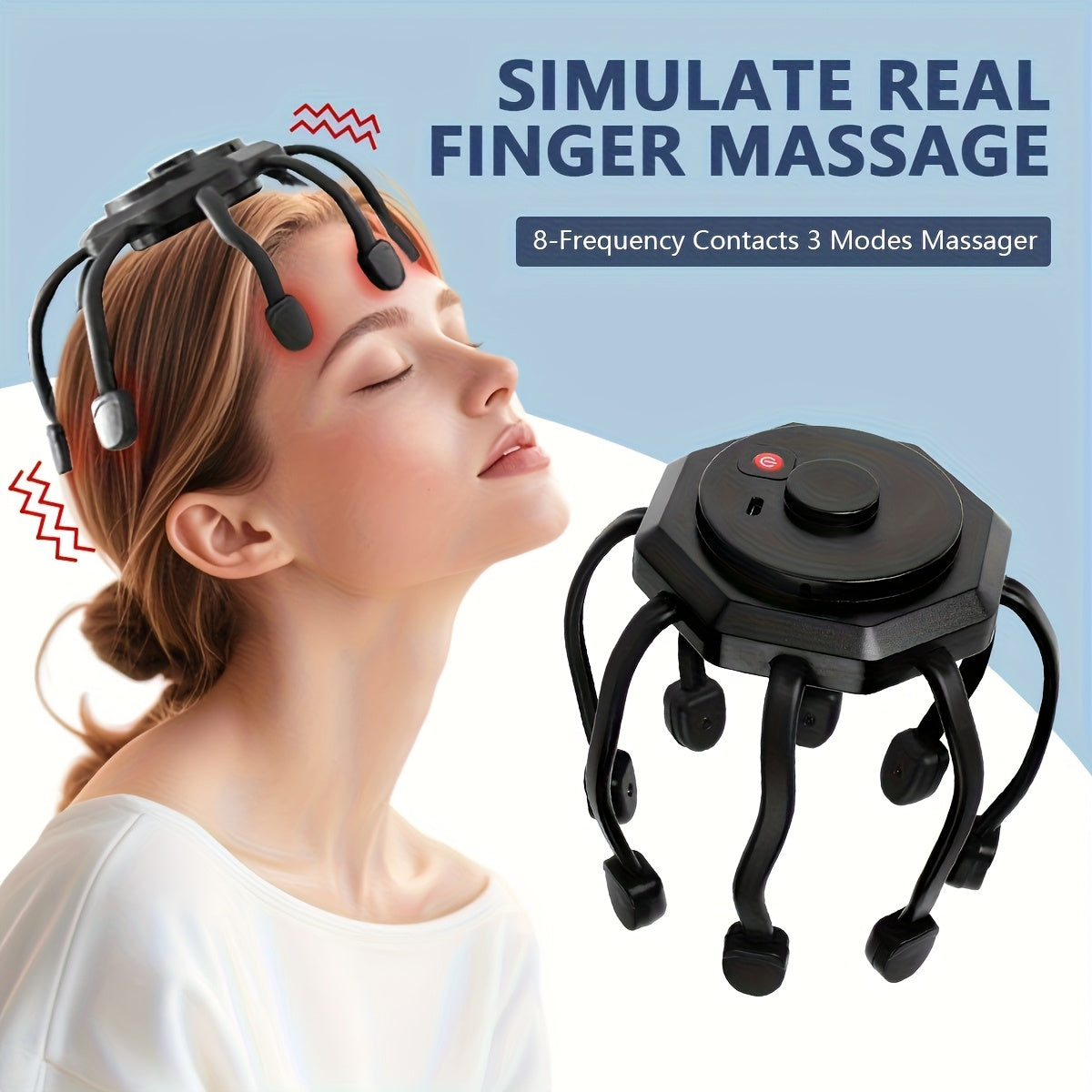 Electric Scalp Massager, 8-Finger USB Rechargeable Head Massager with 3 Massage Modes, Portable Stress & Hair Growth Stimulator