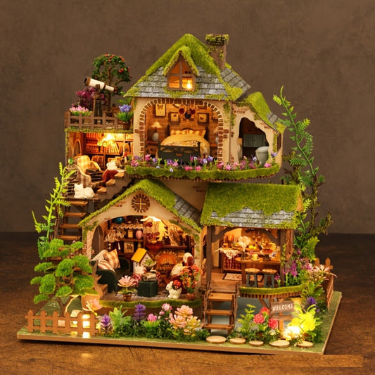 Wooden Forest Hut Miniature Model Kit with Multi-Level Cabin Scene, Lighting Details and Forest Adventures Label