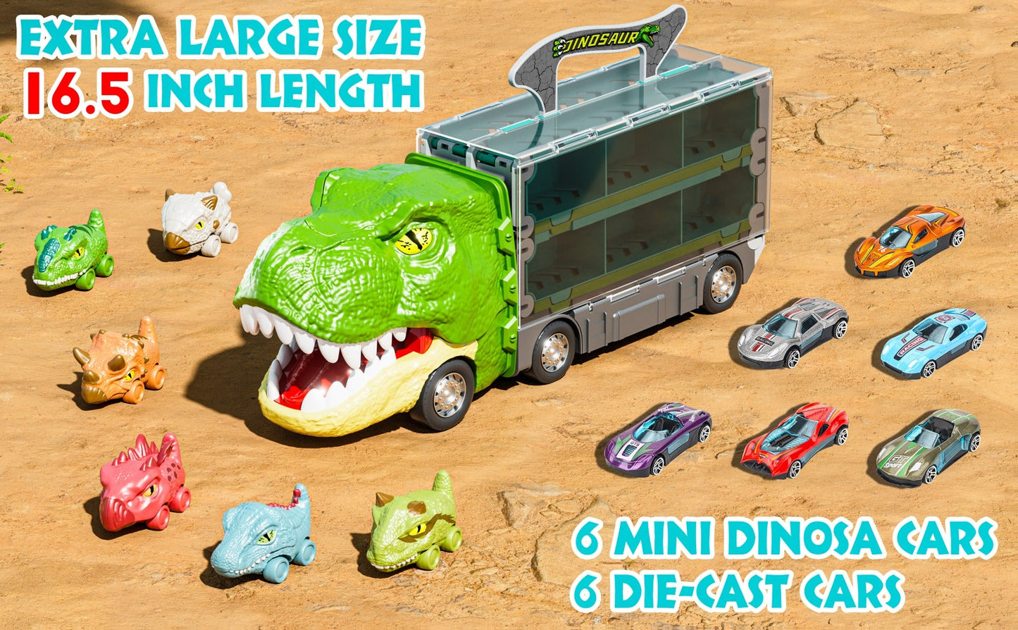 Dinosaur Truck Toys 13-in-1 Transport Carrier with 63-Inch Foldable Race Track, 6 Dino Cars + 6 Die-Cast Cars