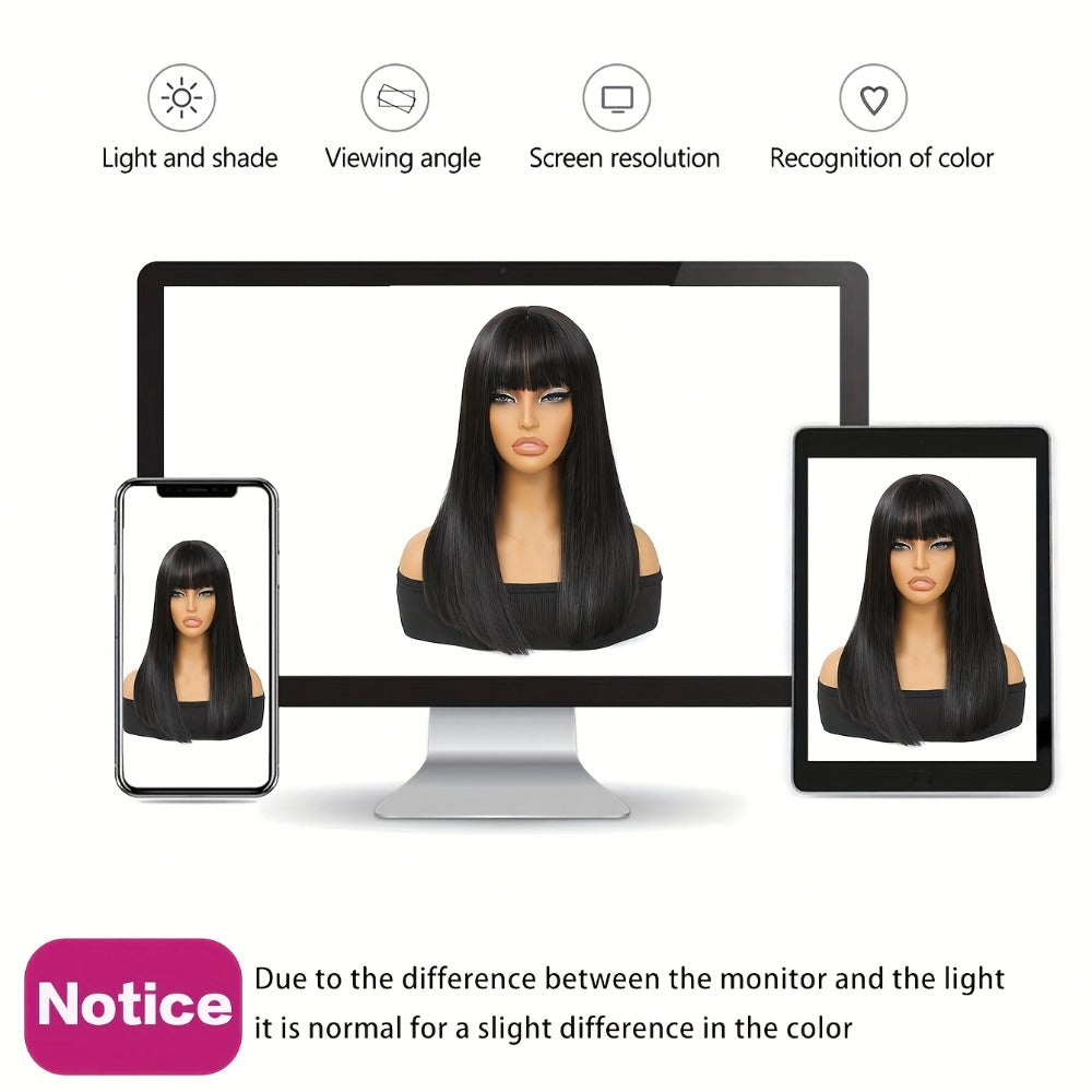 Synthetic Wig 16-Inch Black Straight Blunt Bob with Bangs, 180% Density and Rose Net Cap for Office Wear