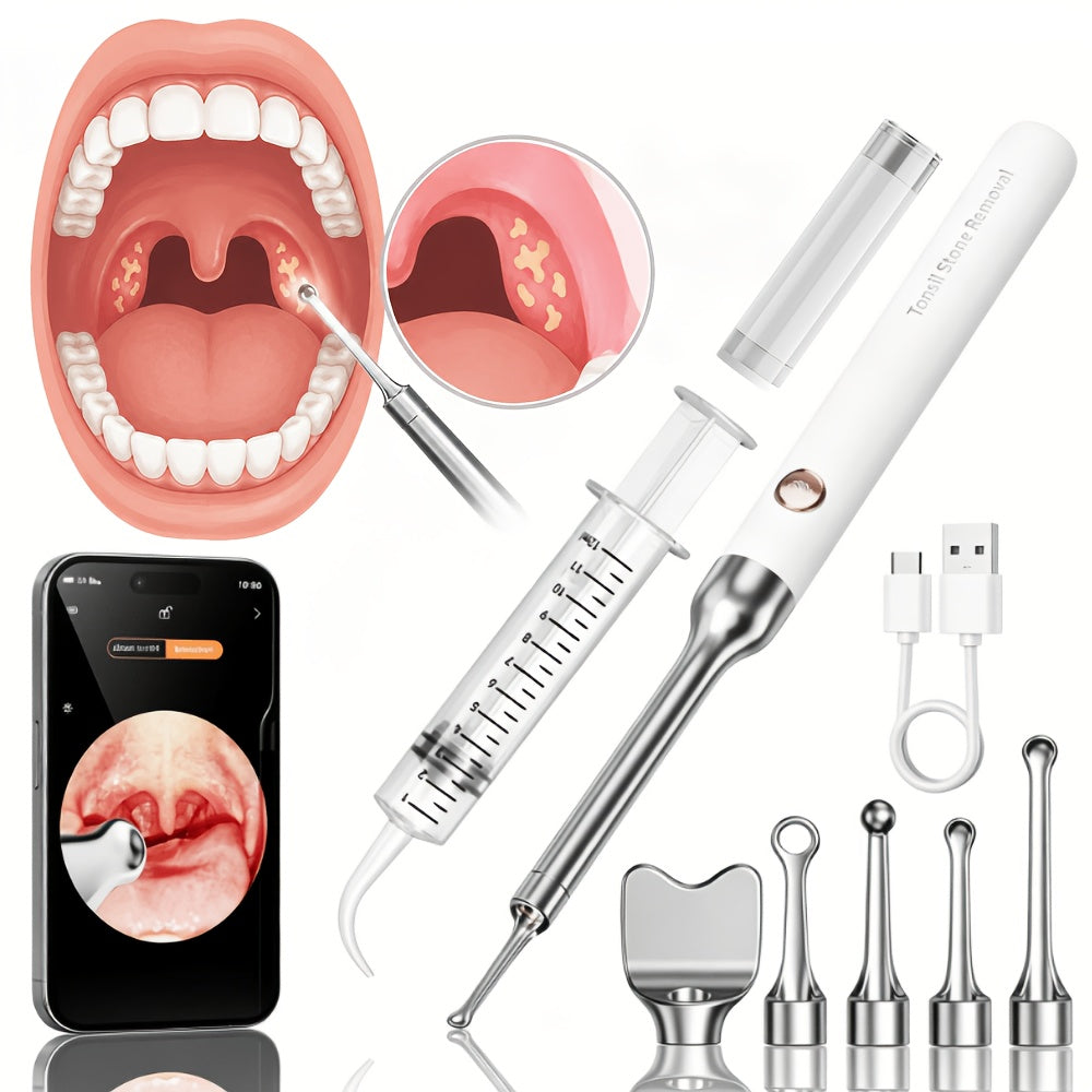 Tonsil Stone Remover with Camera - 1080P HD Visual Tonsil Stone Removal Tool with LED Light, 5-in-1 Stainless Steel Tips