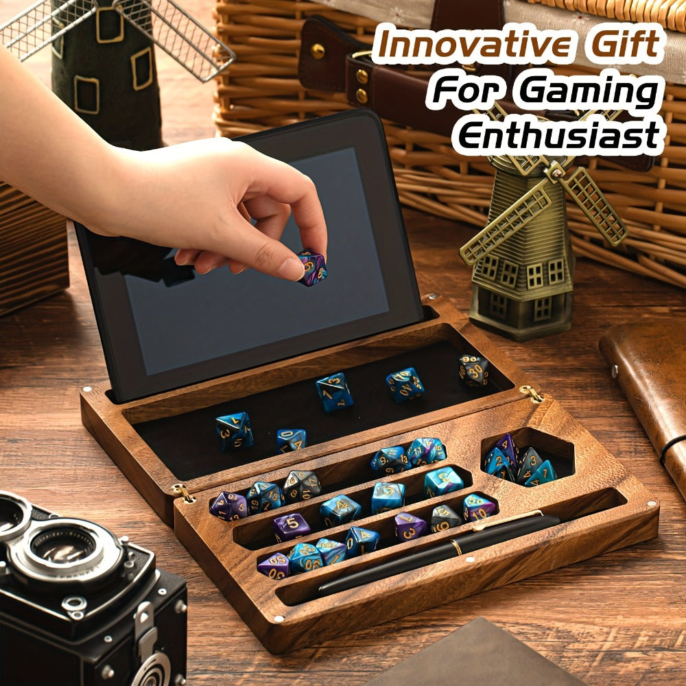 Walnut Dice Box & Rolling Tray 4.8x9 Inch Handmade – Magnetic Flip Lid, Dice Storage, Phone & Tablet Stand for Tabletop RPG Board Games