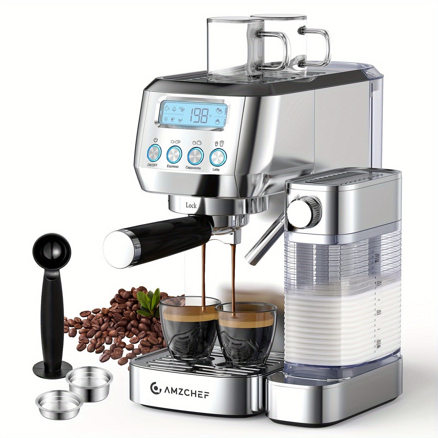 Espresso Machine 20 Bar with Milk Frother, Dual Boiler Coffee Maker, Touch Control, Cappuccino & Latte Machine with Dual Wall Filters