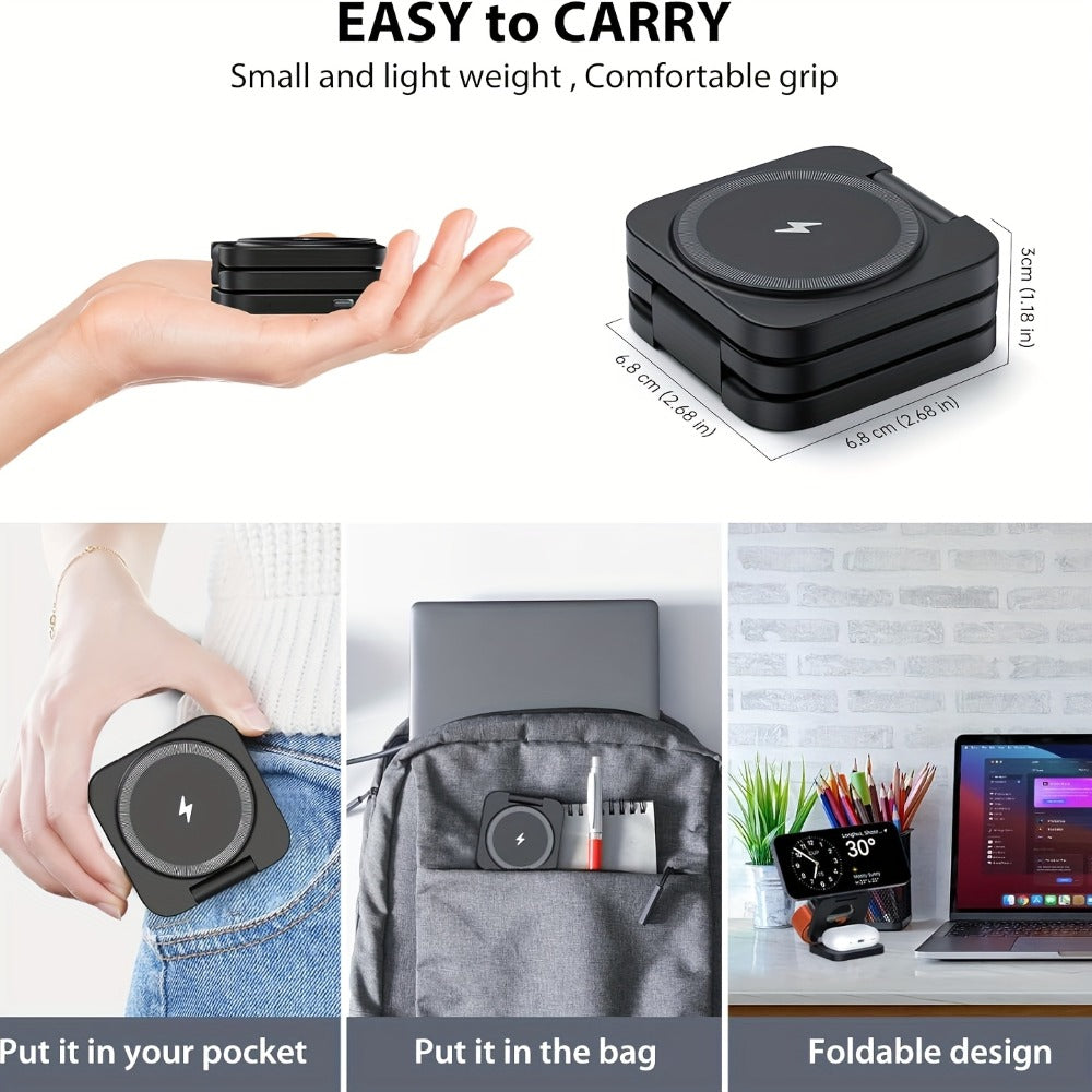 Charging Station for Apple Devices, Alilong Foldable 3-in-1 Magnetic Travel Dock in Black for Apple Devices
