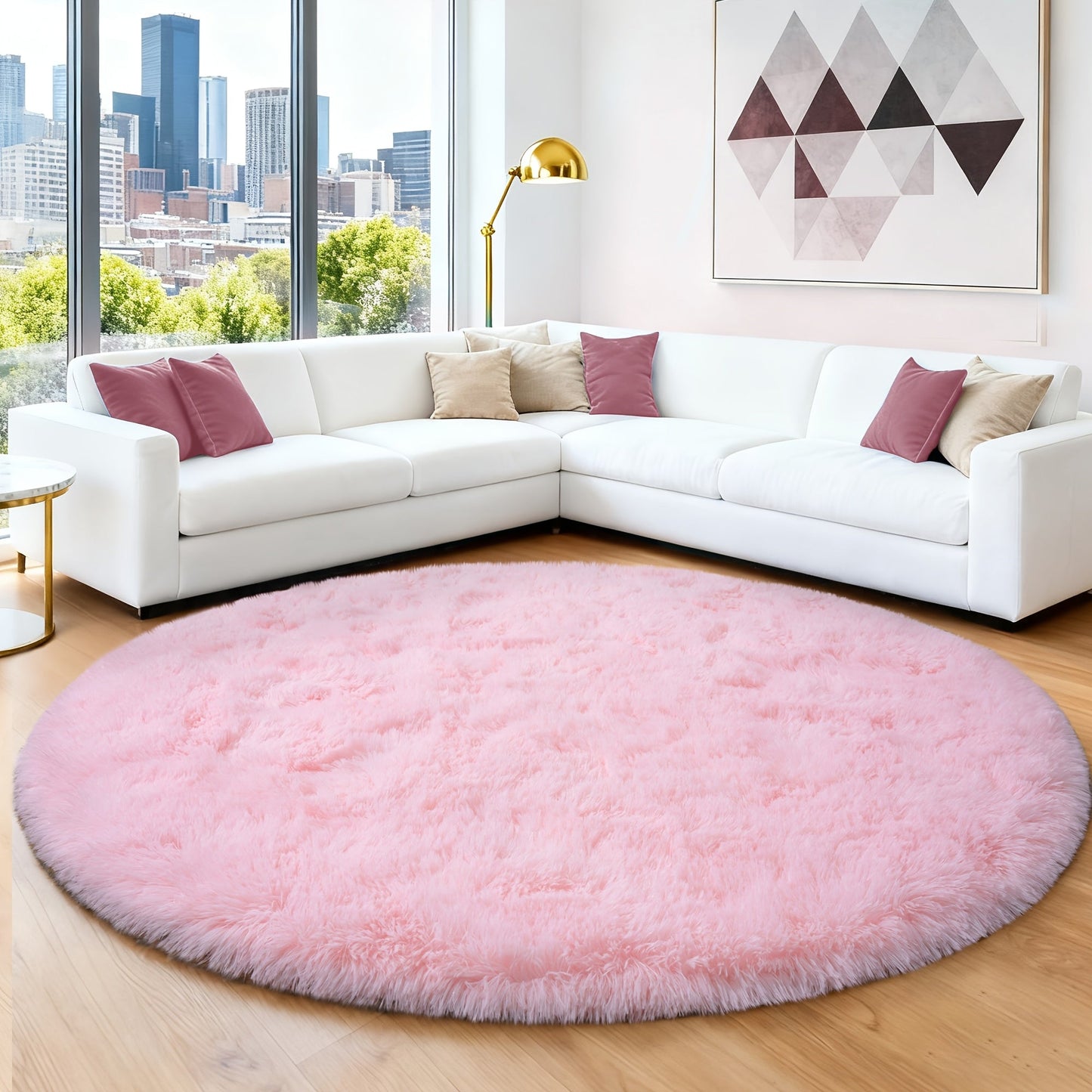 Area Rug 6x6 Round Light Pink Plush Circle with Hand-Washable Care for Bedroom or Living Room