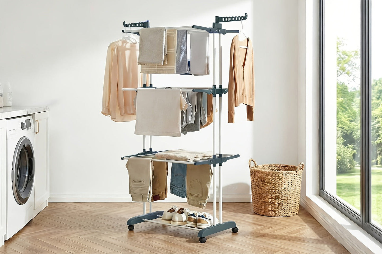 Clothes Drying Rack 4-Tier Foldable Metal Laundry Rack with Rolling Casters, Holds 30+ Garments, Adjustable Shelf Heights