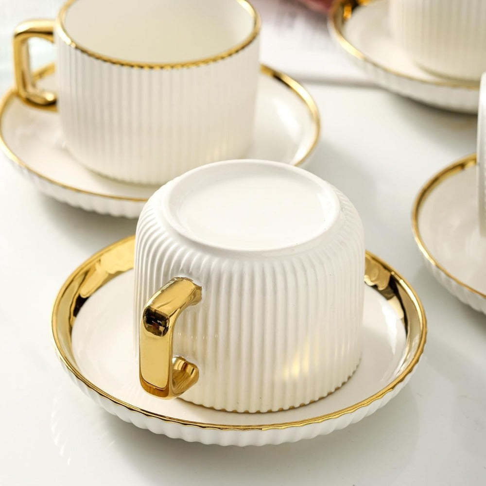 Ceramic Cappuccino Cups with Saucers Set of 6 – 8oz Coffee Mugs with Golden Trim, Latte Art Cups for Espresso Mocha