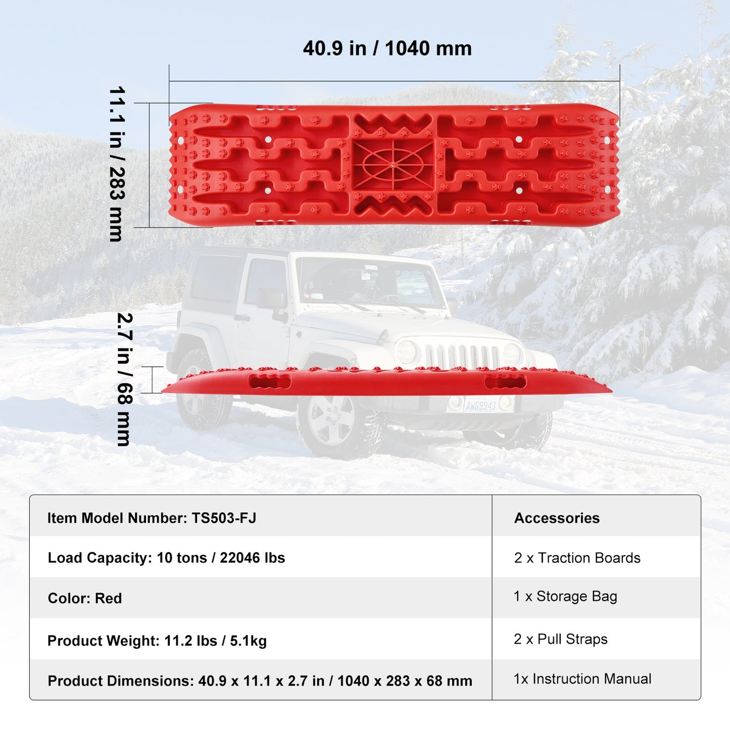 Traction Boards 2-Pack – 10-Ton Off-Road Vehicle Recovery Boards for Mud, Sand & Snow, High-Strength PP with Pull Straps & Storage Bag