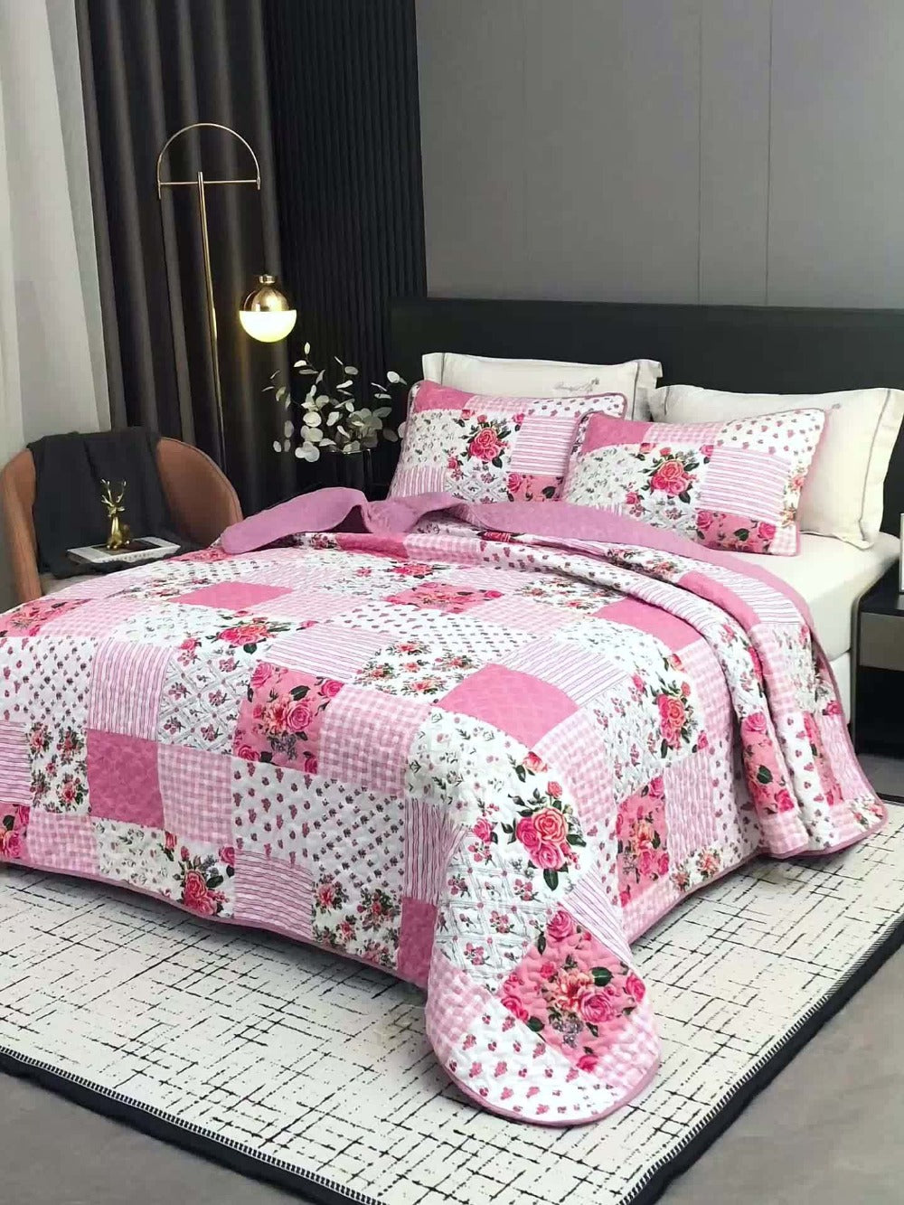 Bright Pink Floral Patchwork Three-Piece Bedspread Set with Twin, Full-Queen and King Size Options