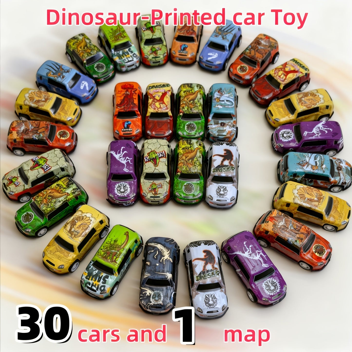 Dinosaur Toy Car Set 29-30pcs, Mini Pull Back Racing Cars with T-Rex Spinosaurus Pterodactyl Figures & City Traffic Map