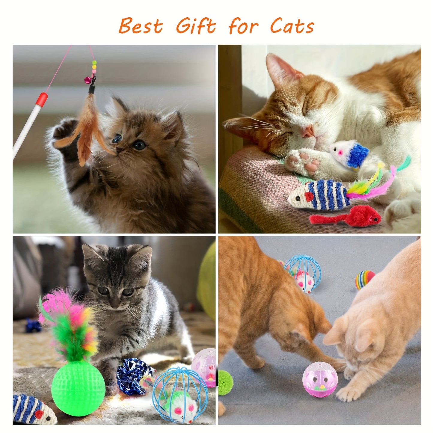Cat Toys Set 32 Pcs Interactive Kitten Toy Assortment with Rainbow Tunnel, Feather Teaser Wand, Sisal Mice, Bell Balls & Crinkle Balls