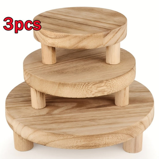 Wooden Display Riser Stands 3pcs Set Rustic Multi-Tier Cake Stand with Sleek Legs - Natural for Entryways, Bedrooms and Living Spaces