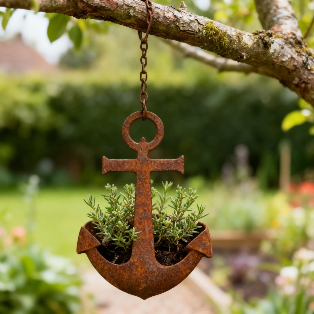 Metal Wall Hanging Planter – Rustic Anchor Plant Holder Nautical Garden Decor Iron Pot 2pcs