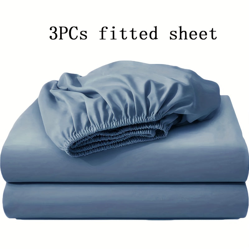 Three-Piece Solid-Color Fitted Sheet Set with Two Pillowcases, Nine Colors and Four Bed Sizes