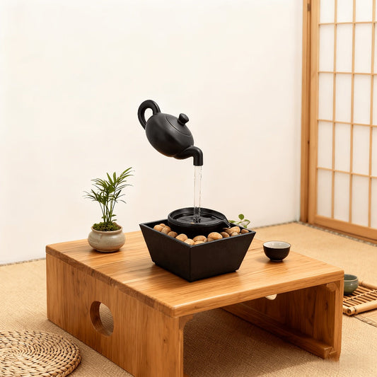 Tabletop Water Fountain with LED Light Zen Teapot Indoor Relaxation Fountain Black Resin for Entryways, Bedrooms and Living Spaces