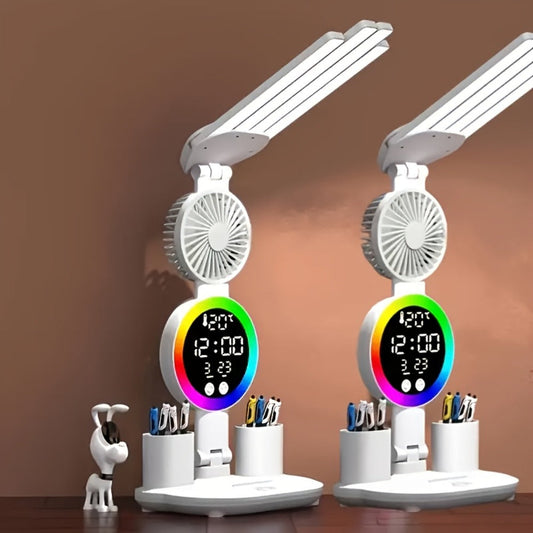 LED Desk Lamp with Built-in Fan & Touch Control, Dual Head Adjustable, USB Charging, 3 Color Modes Dimmable