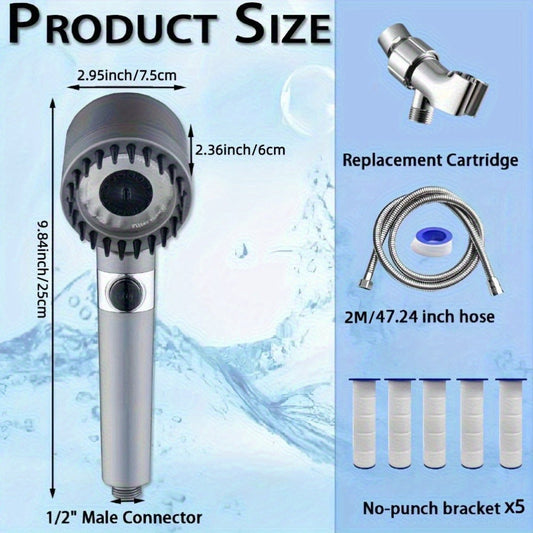 Handheld Shower Head with Rotating Spray Selector, On-Off Button, Hose, Five Cartridges and Two Bracket Options
