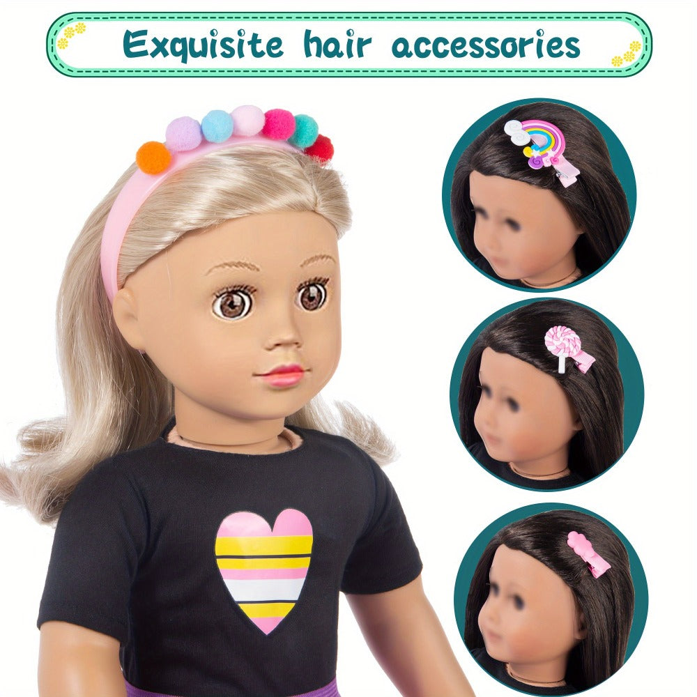 18 Inch Doll Travel Accessories Set 25 Pcs, Unicorn Suitcase Roller Skates Backpack Outfit Hairpins School Supplies