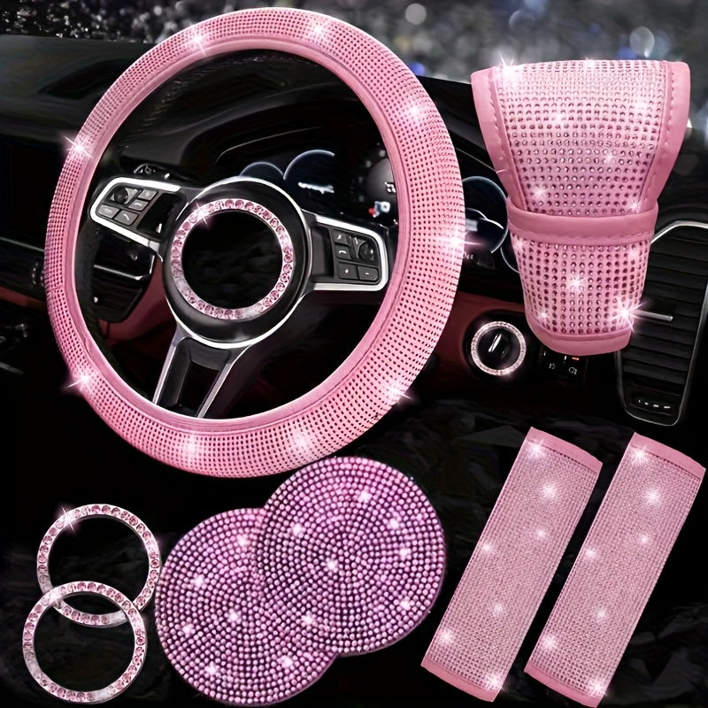 8-Piece Rhinestone Car Interior Accessories Set with Steering Wheel Cover, Coasters and Seat Belt Pads