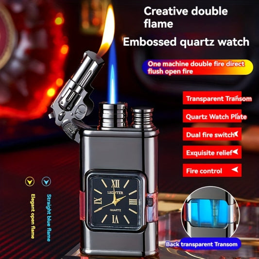 Double Flame Retro Metal Lighter Windproof Refillable Butane Outdoor Portable Quartz Ignition Dragon Eagle Gun Type Ice Golden Bronze