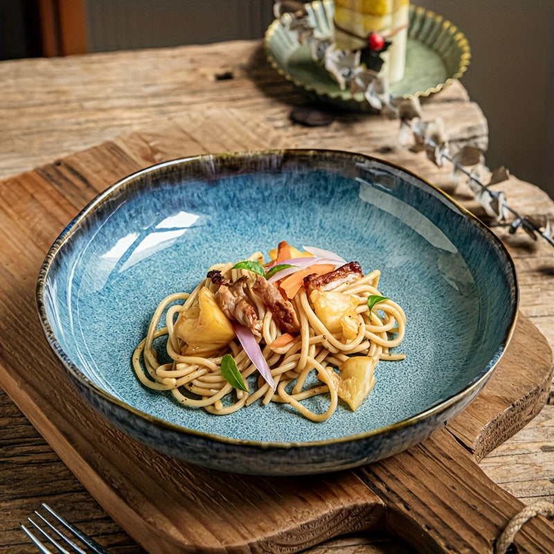 Irregular Deep Dish Ceramic Plate, Artisan Handcrafted Salad Soup Bowl Dish, Unique Edge Design, Tableware for Family Dining