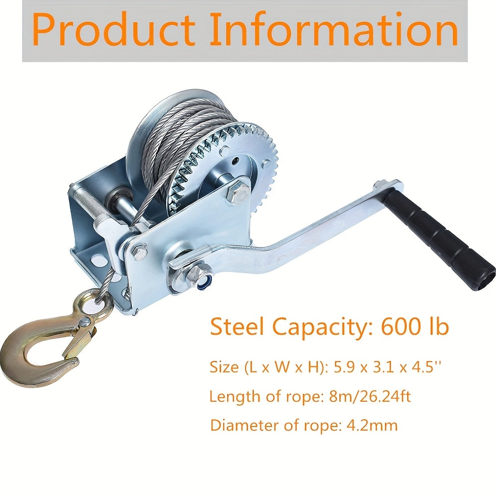 Manual Hand Winch Carbon Steel 800- - Double Brake Safety System, Strap Winch with Mooring Hook & Safety Pawl
