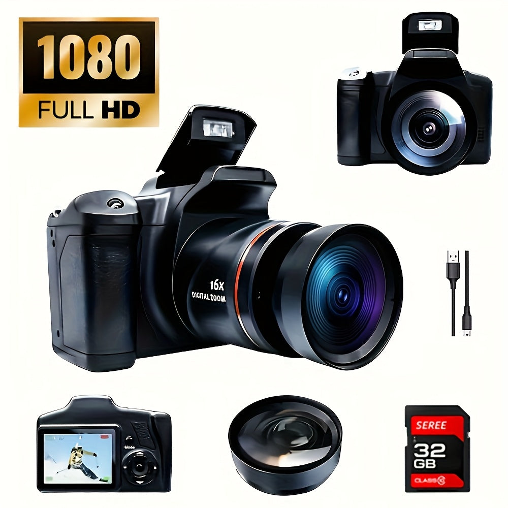1080P Mini Digital Camera for Photography Vlogging 2.4" LCD 16x Zoom 9.88mm Wide-Angle Lens Compact Travel Camera with 32GB Memory Card