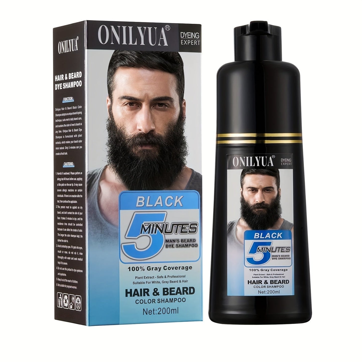 Beard Dye Shampoo for Men 2-in-1 Hair & Beard Grey Coverage Argan Oil No-Mix Formula for Bath Time, Home Spa and Personal Care