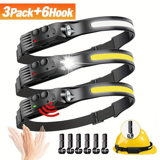 Three-Pack COB and LED Headlamps with 230° Beam, Five Modes, Motion Sensor and Six Hooks Included