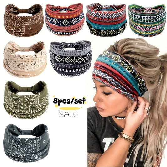 Floral Turban Headbands for Women 8 Pack Non-Slip Elastic Boho Knotted Wide Hair Wrap for Sports Yoga Running Workout Sweatband Moisture