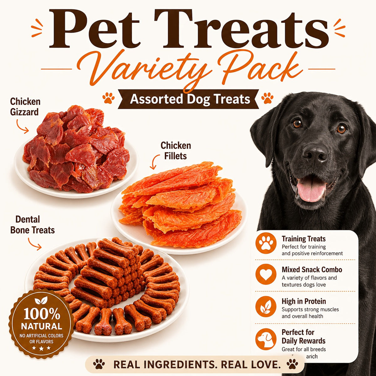 Dog Treats Duck Jerky, Chicken Pieces and Beef Sausage Assortment with Four Retained Flavor Options