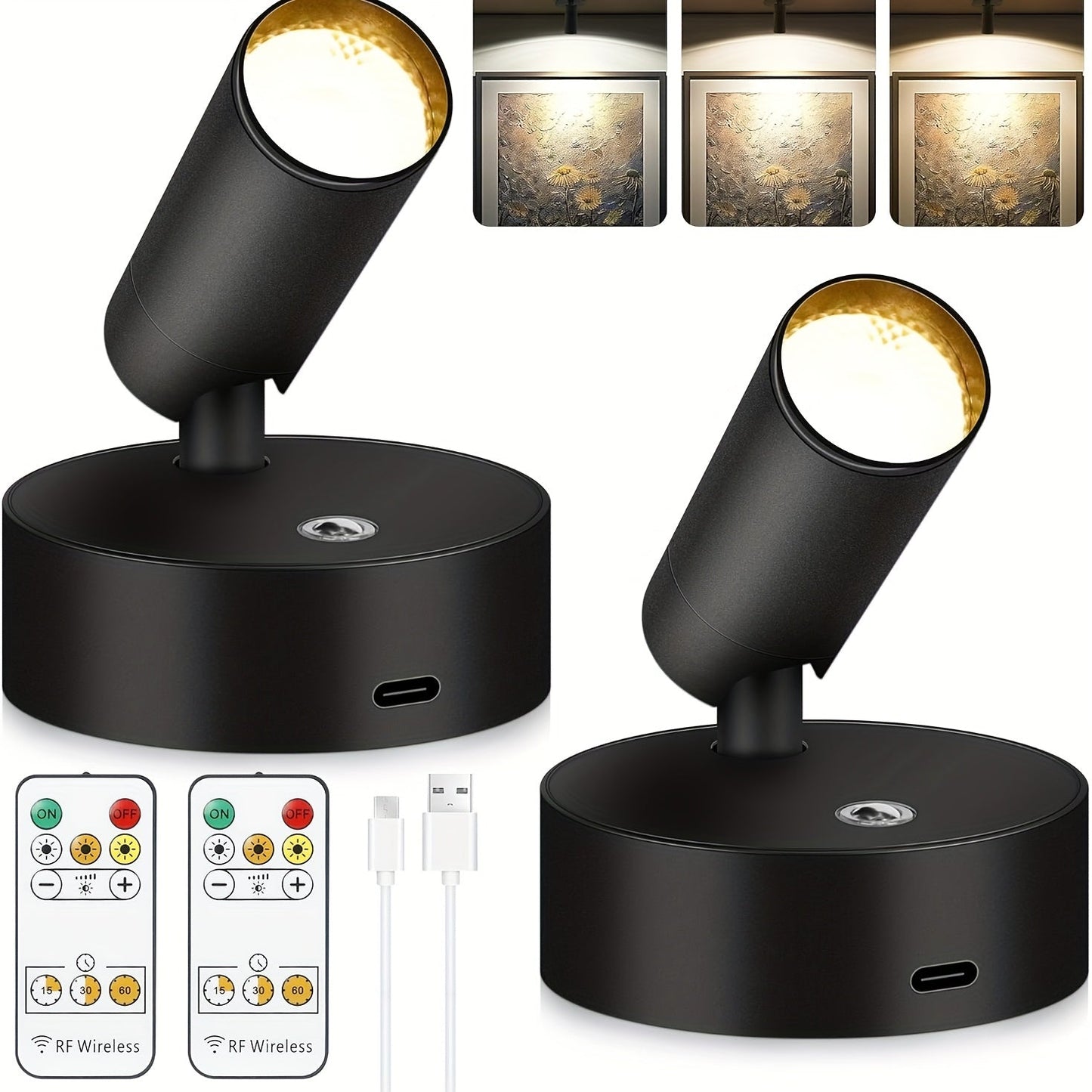 Rechargeable Indoor Spotlight LED, 3-Color Dimmable with Remote & Timer, 350° Adjustable, 2500mAh Battery