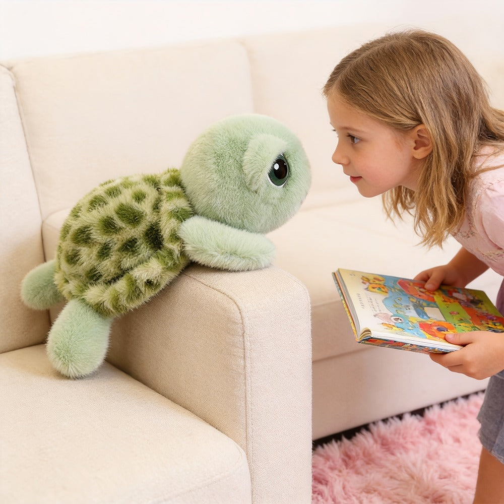 Stuffed Animal Big-Eye Turtle Pillow in 15.75-Inch Size with Melancholy Face and Soft Plush Fabric