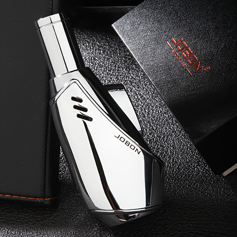 JOBON Angled-Body Torch Lighter with Cigar Punch, Side Ignition Switch and Silver Gift Box