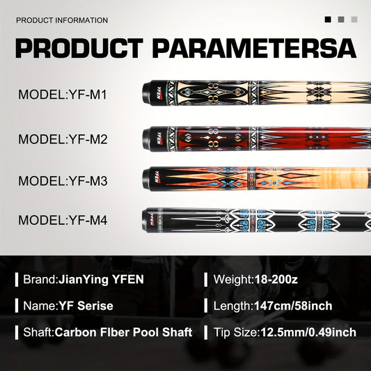 Carbon Fiber Pool Cue Stick Low Deflection Billiard Cue with 11.8mm 12.5mm Tip Pro-Taper Shaft Canadian Maple Butt Extension Compatible